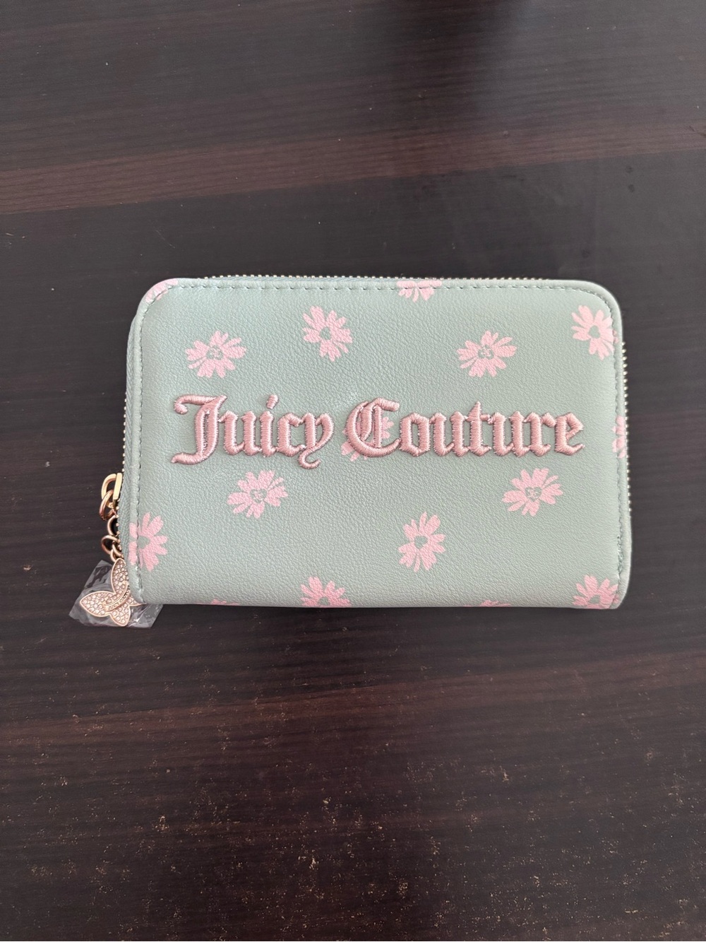 Juicy Couture Mint Green Wallet with Pink Floral Embroidery